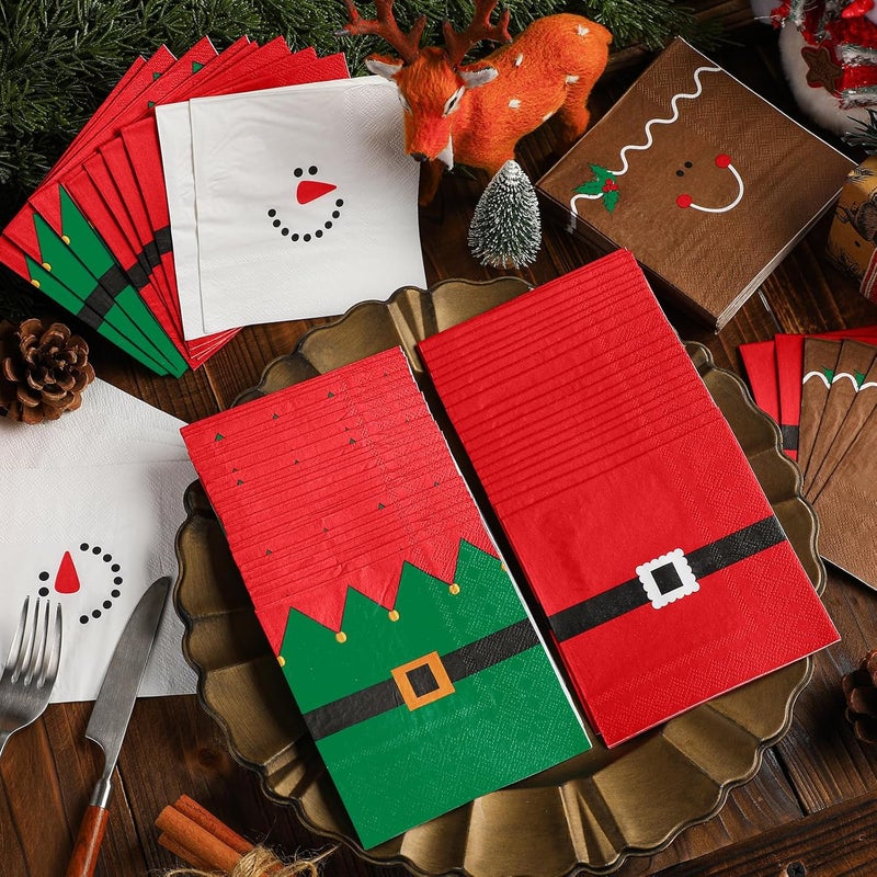 Funtery 120 Pcs Christmas Cocktail Paper Napkins Disposable Snowman Santa Belt Gingerbread Elf 2 Ply Paper Napkins Decor Disposable Christmas Cocktail Guest Hand Towel Xmas for Dinner Table Supplies - Image 2